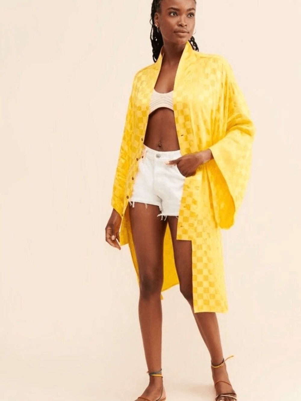 NWT Free People Jen's Pirate Booty Breeze Yellow Check-Pattern Kimono Size XS/S